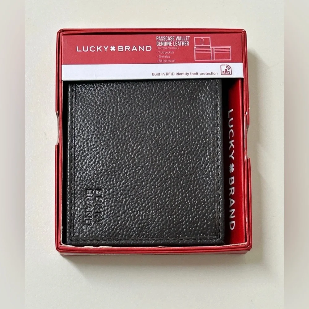 Lucky Brand Brown Pebbled Leather RFID Protection Passcase Wallet